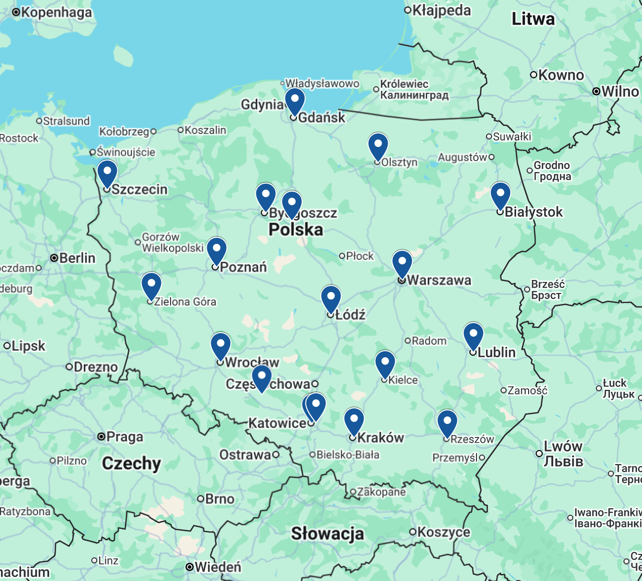 Mapa Polski z lokalizacjami kursów